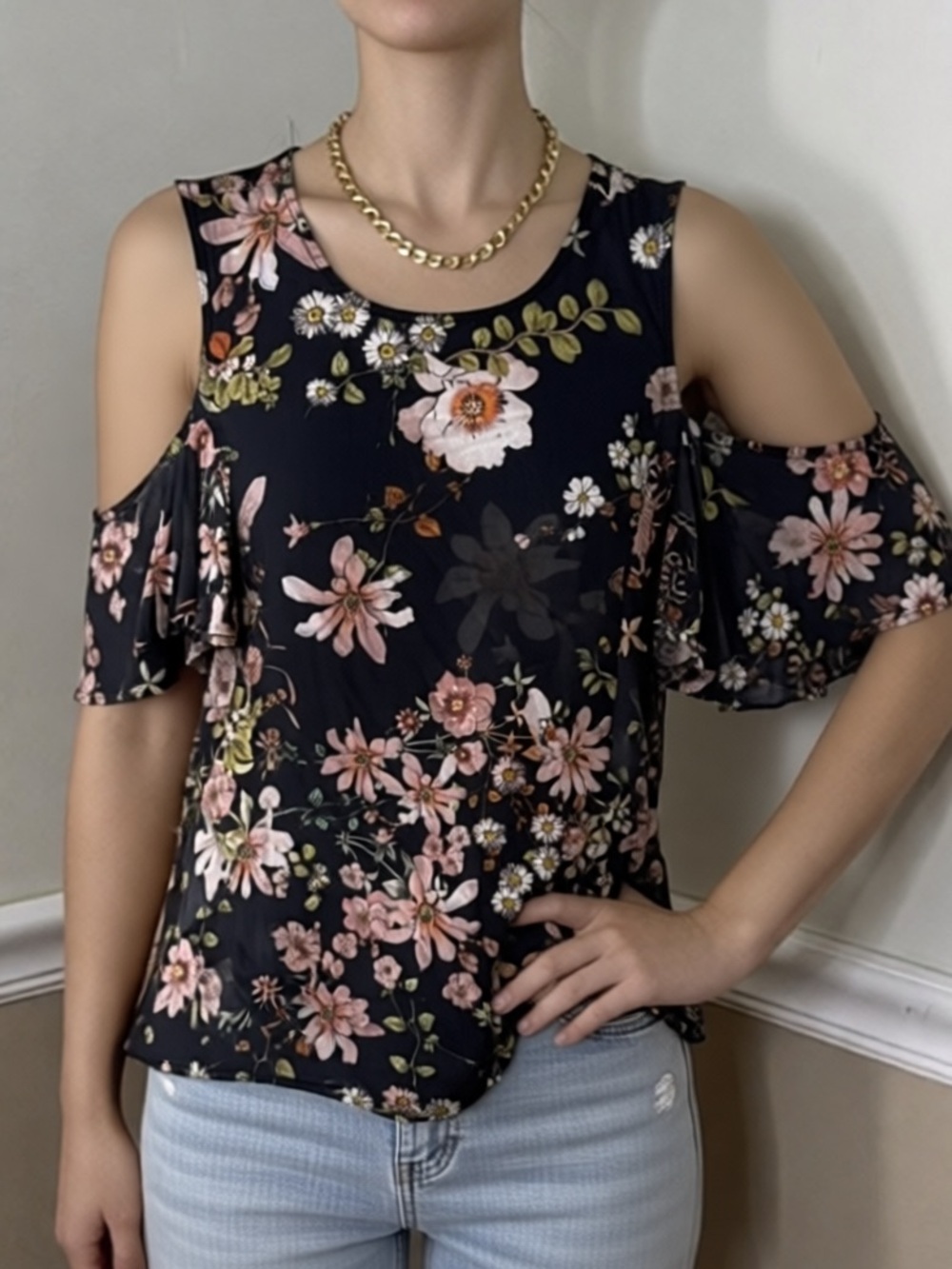 H&M Black Floral Cold-Shoulder Top with Pink Blossoms